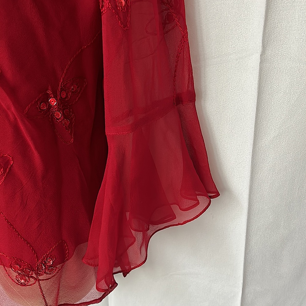 Silkland Gorgeous 💯% Silk Flutter Sleeves Red Sequin Shirt Top **Size L** 🔥🔥 - Picture 5 of 6